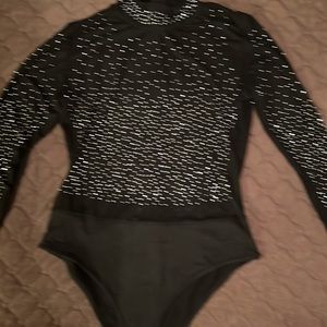 Mesh Crop Bodysuit long sleeve silver stones